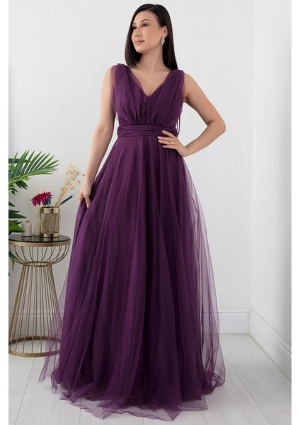 V Yaka Sıfır Kol Işıltılı Tül Elbise 13412 fırsatları