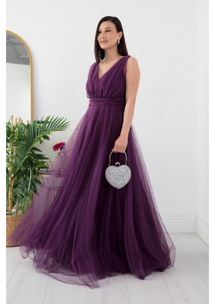 V Yaka Sıfır Kol Işıltılı Tül Elbise 13412 indirimleri