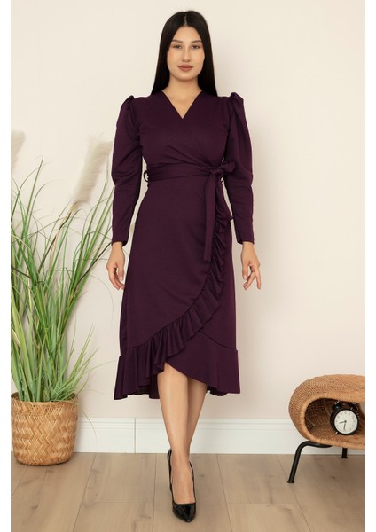 Kruvaze Etek Fırfırlı Kemerli Elbise 22-228