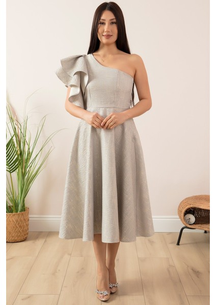 Simli Tek Omuz Volan Detaylı Elbise 13408