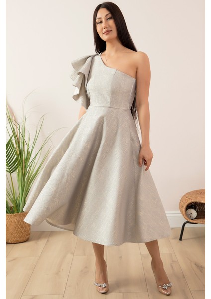 Simli Tek Omuz Volan Detaylı Elbise 13408 fiyatları