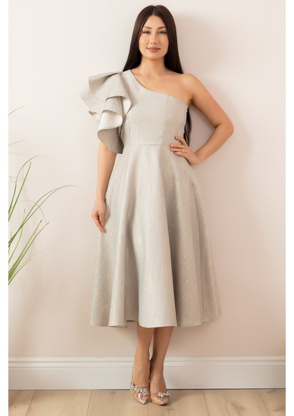 Simli Tek Omuz Volan Detaylı Elbise 13408 modelleri