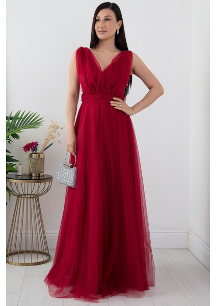 V Yaka Sıfır Kol Işıltılı Tül Elbise 13412