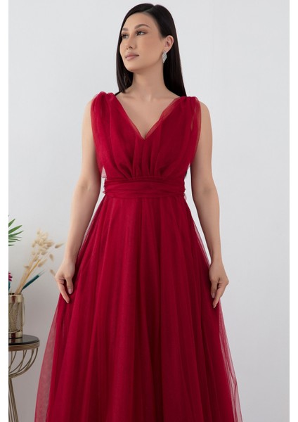 V Yaka Sıfır Kol Işıltılı Tül Elbise 13412 fiyatları