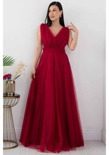 V Yaka Sıfır Kol Işıltılı Tül Elbise 13412 fırsatları