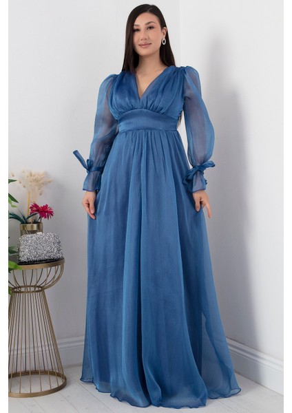 V Yaka Kol Detaylı Janjan Şifon Uzun Elbise 13377 modelleri