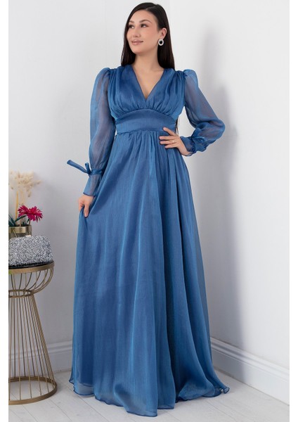 V Yaka Kol Detaylı Janjan Şifon Uzun Elbise 13377 fırsatları