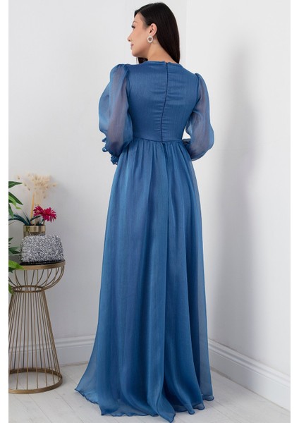 V Yaka Kol Detaylı Janjan Şifon Uzun Elbise 13377 indirimleri