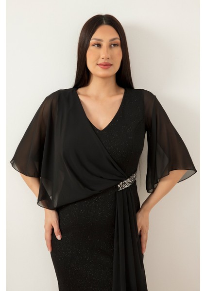 Beli Taş Detay Şifonlu Simli Elbise 39688