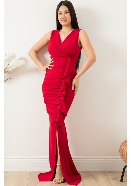 Sıfır Kol Drape Detaylı Uzun Elbise 13421
