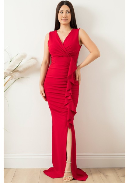 Sıfır Kol Drape Detaylı Uzun Elbise 13421 modelleri