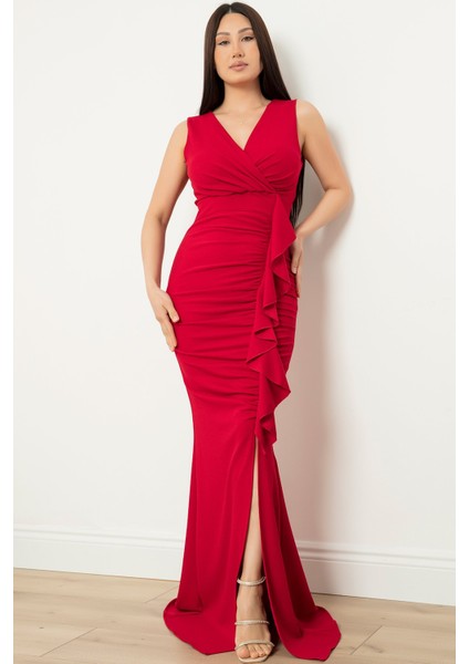 Sıfır Kol Drape Detaylı Uzun Elbise 13421 indirimleri