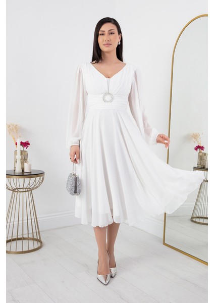 Tokalı Kemerli Şifon Elbise 1449