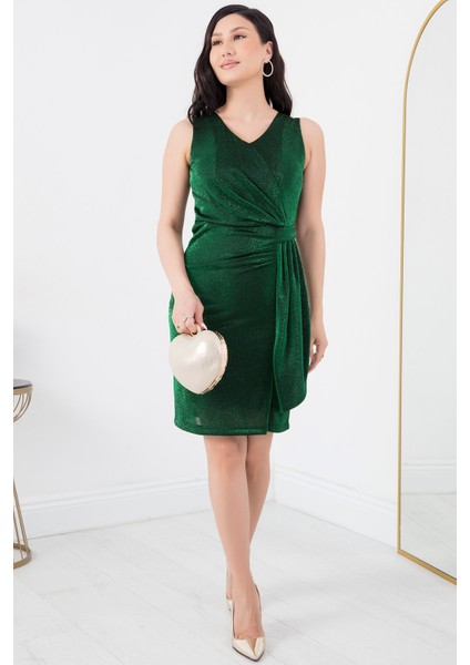 Sıfır Kol Yandan Pileli V Yaka Midi Abiye Elbise 13440