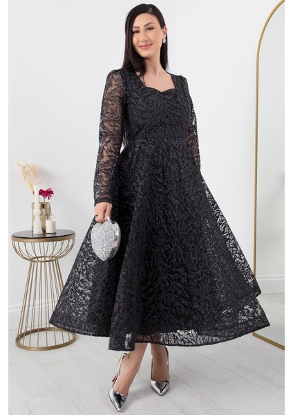 Kare Yaka Uzun Kol Simli Tül Abiye Elbise 1299
