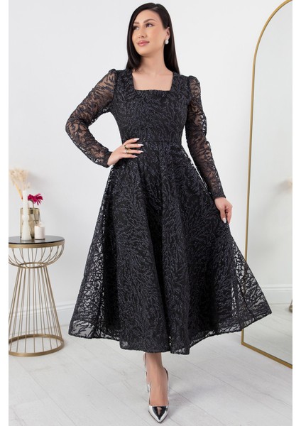 Kare Yaka Uzun Kol Simli Tül Abiye Elbise 1299 fiyatları
