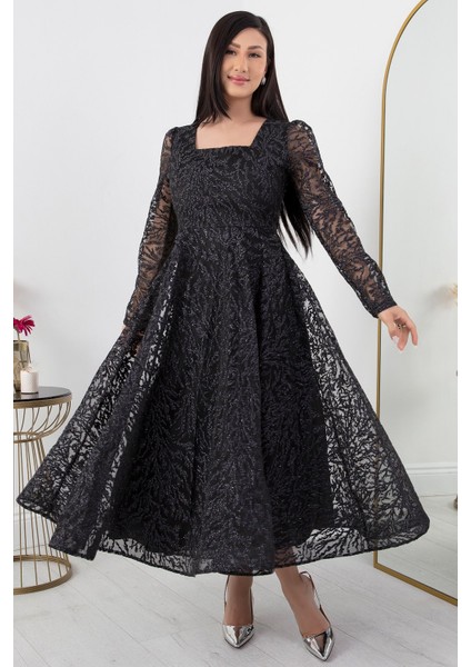 Kare Yaka Uzun Kol Simli Tül Abiye Elbise 1299 modelleri