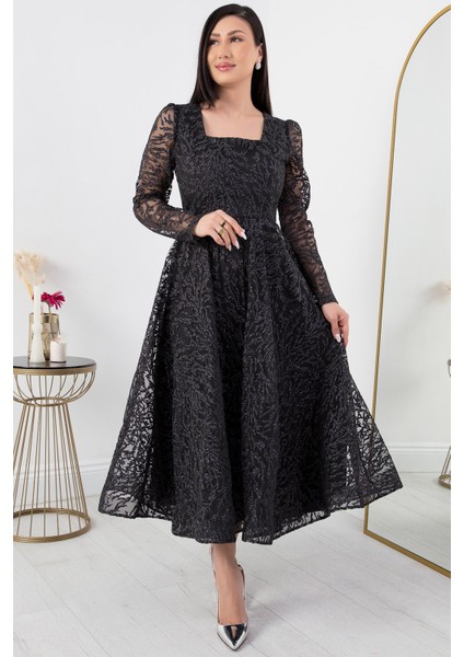 Kare Yaka Uzun Kol Simli Tül Abiye Elbise 1299 fırsatları