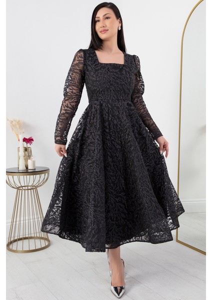 Kare Yaka Uzun Kol Simli Tül Abiye Elbise 1299 indirimleri