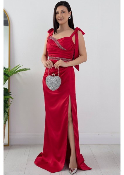 Önü ve Beli Taşlı Saten Abiye Elbise DMN4641