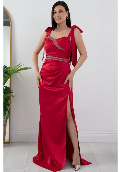 Önü ve Beli Taşlı Saten Abiye Elbise DMN4641 modelleri