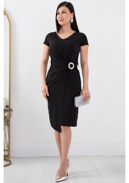 Beli Tokalı V Yaka Kısa Kol Anvelop Abiye Elbise 13444