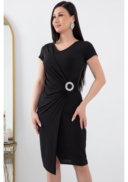 Beli Tokalı V Yaka Kısa Kol Anvelop Abiye Elbise 13444 fiyatları