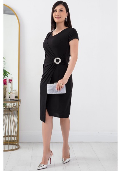 Beli Tokalı V Yaka Kısa Kol Anvelop Abiye Elbise 13444 modelleri