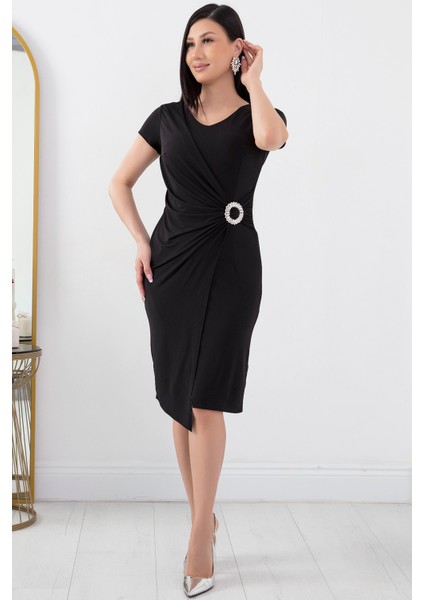 Beli Tokalı V Yaka Kısa Kol Anvelop Abiye Elbise 13444 fırsatları