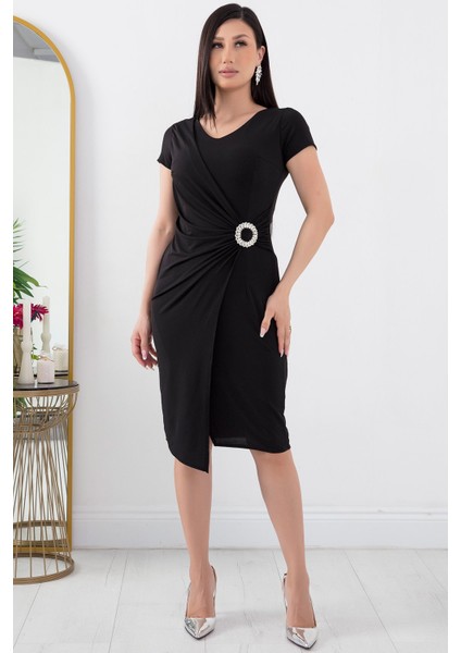 Beli Tokalı V Yaka Kısa Kol Anvelop Abiye Elbise 13444 indirimleri