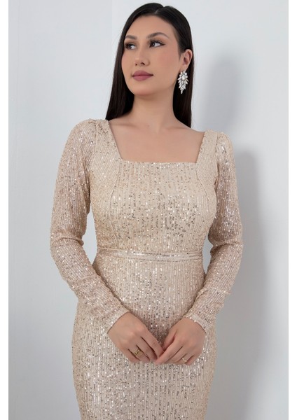 Kare Yaka Uzun Kol Pulpayet Elbise AP-174 fiyatları