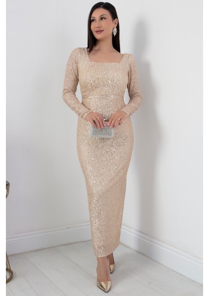 Kare Yaka Uzun Kol Pulpayet Elbise AP-174 modelleri