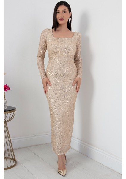 Kare Yaka Uzun Kol Pulpayet Elbise AP-174 fırsatları