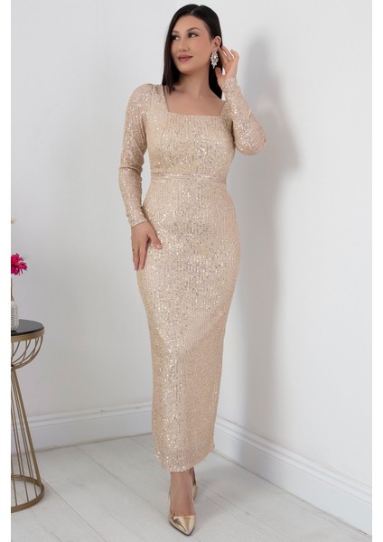 Kare Yaka Uzun Kol Pulpayet Elbise AP-174 indirimleri