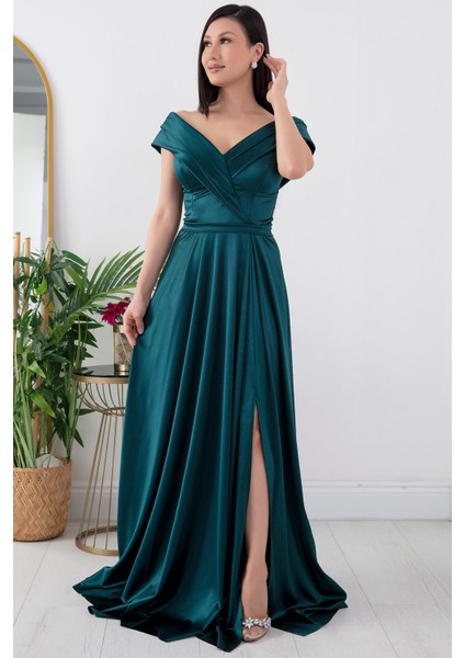 Düşük Omuz Saten Abiye Elbise 39654