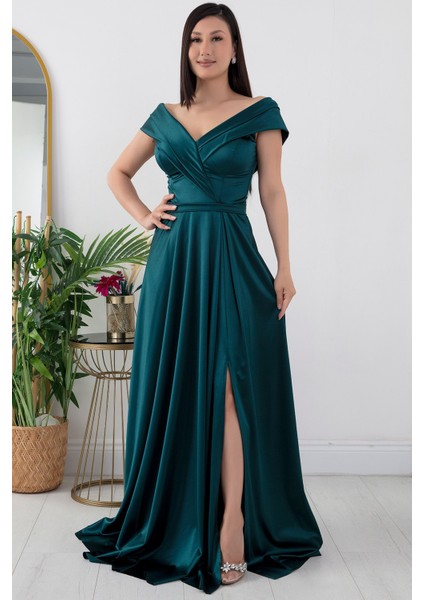 Düşük Omuz Saten Abiye Elbise 39654 modelleri