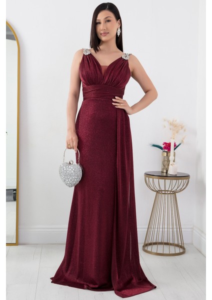 Omuz Taş Detay Simli Abiye Elbise 39844