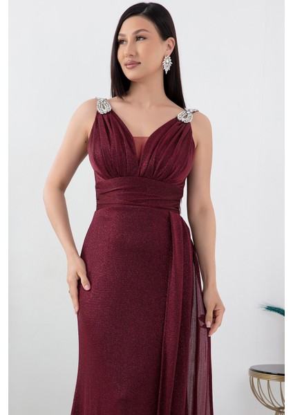 Omuz Taş Detay Simli Abiye Elbise 39844 fiyatları