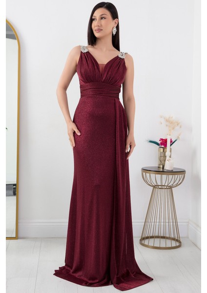 Omuz Taş Detay Simli Abiye Elbise 39844 modelleri