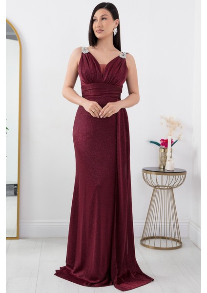 Omuz Taş Detay Simli Abiye Elbise 39844 fırsatları