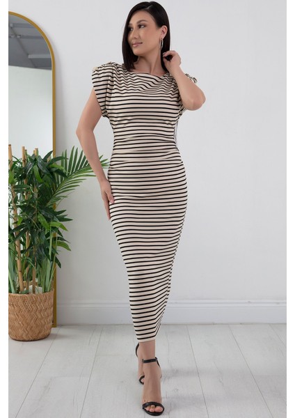 Kayık Yaka Düğme Detay Çizgili Elbise NY4272