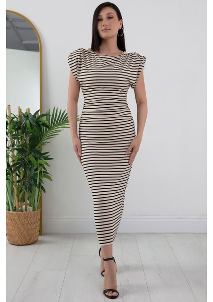 Kayık Yaka Düğme Detay Çizgili Elbise NY4272 indirimleri