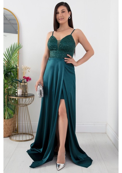 Göğüs Pullu Askılı Saten Elbise 39885
