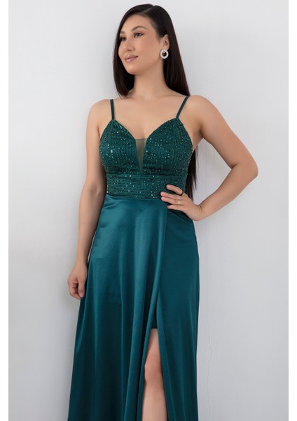 Göğüs Pullu Askılı Saten Elbise 39885