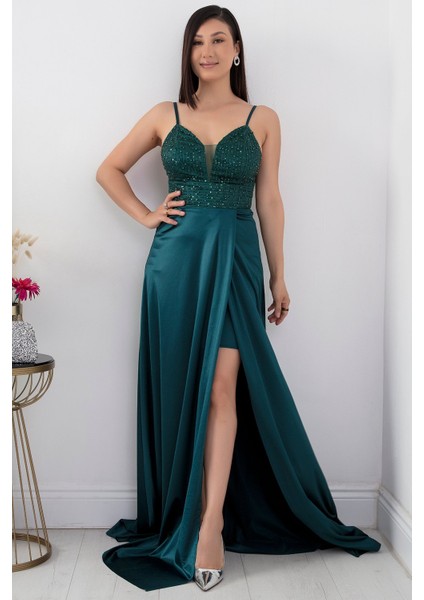 Göğüs Pullu Askılı Saten Elbise 39885