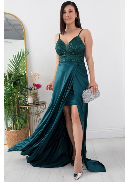 Göğüs Pullu Askılı Saten Elbise 39885