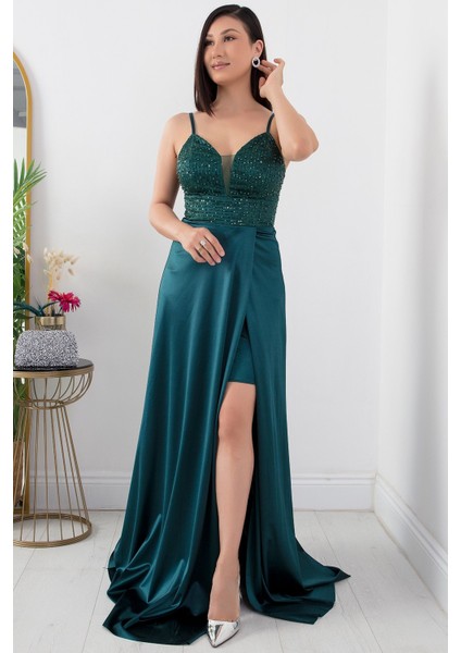 Göğüs Pullu Askılı Saten Elbise 39885