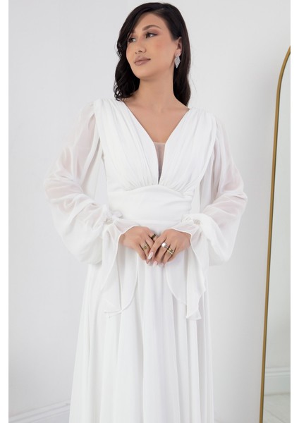 V Yaka Taş Detay Uzun Kol Şifon Elbise DNS1519 fiyatları