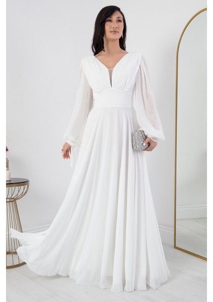 V Yaka Taş Detay Uzun Kol Şifon Elbise DNS1519 modelleri