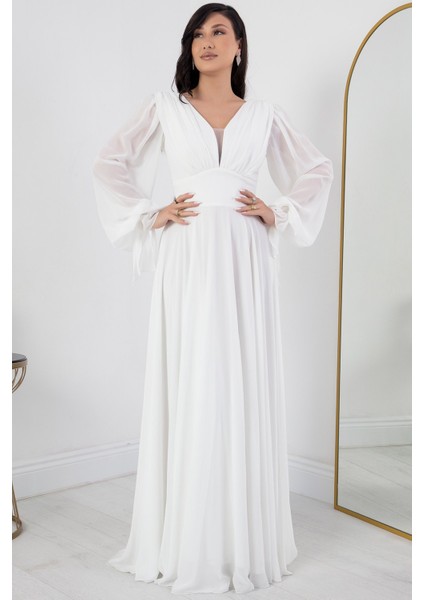 V Yaka Taş Detay Uzun Kol Şifon Elbise DNS1519 fırsatları